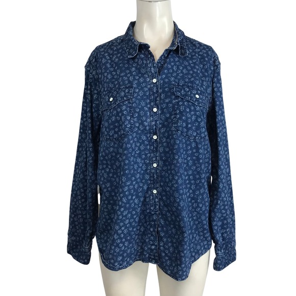 Lands' End Tops - Lands End Womens 18P Blue Floral Print Long Sleeve Button Down Shirt
